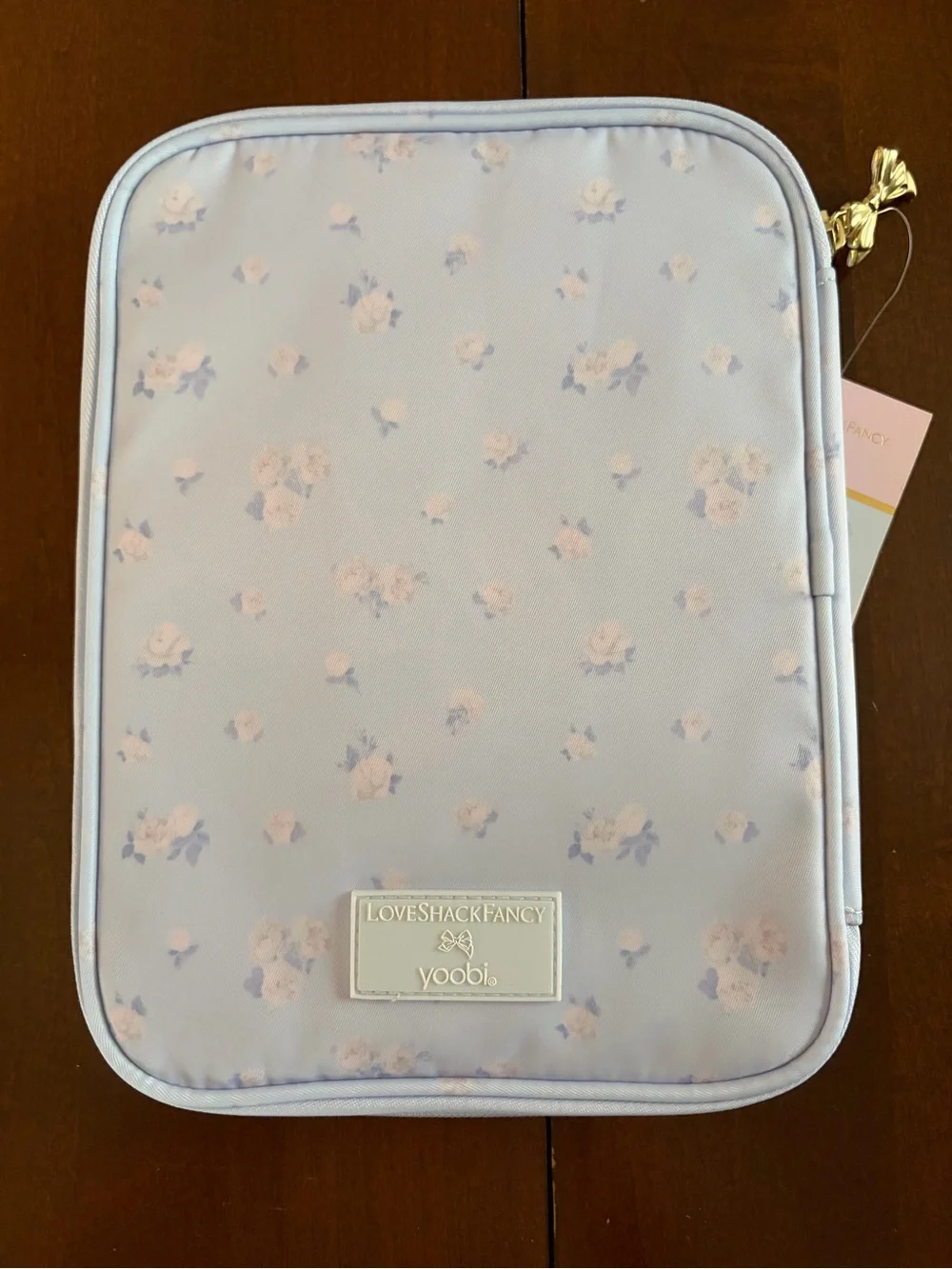 Love Shack Fancy Pastel Blue Floral Tech Organizer Pouch with Gold Bow